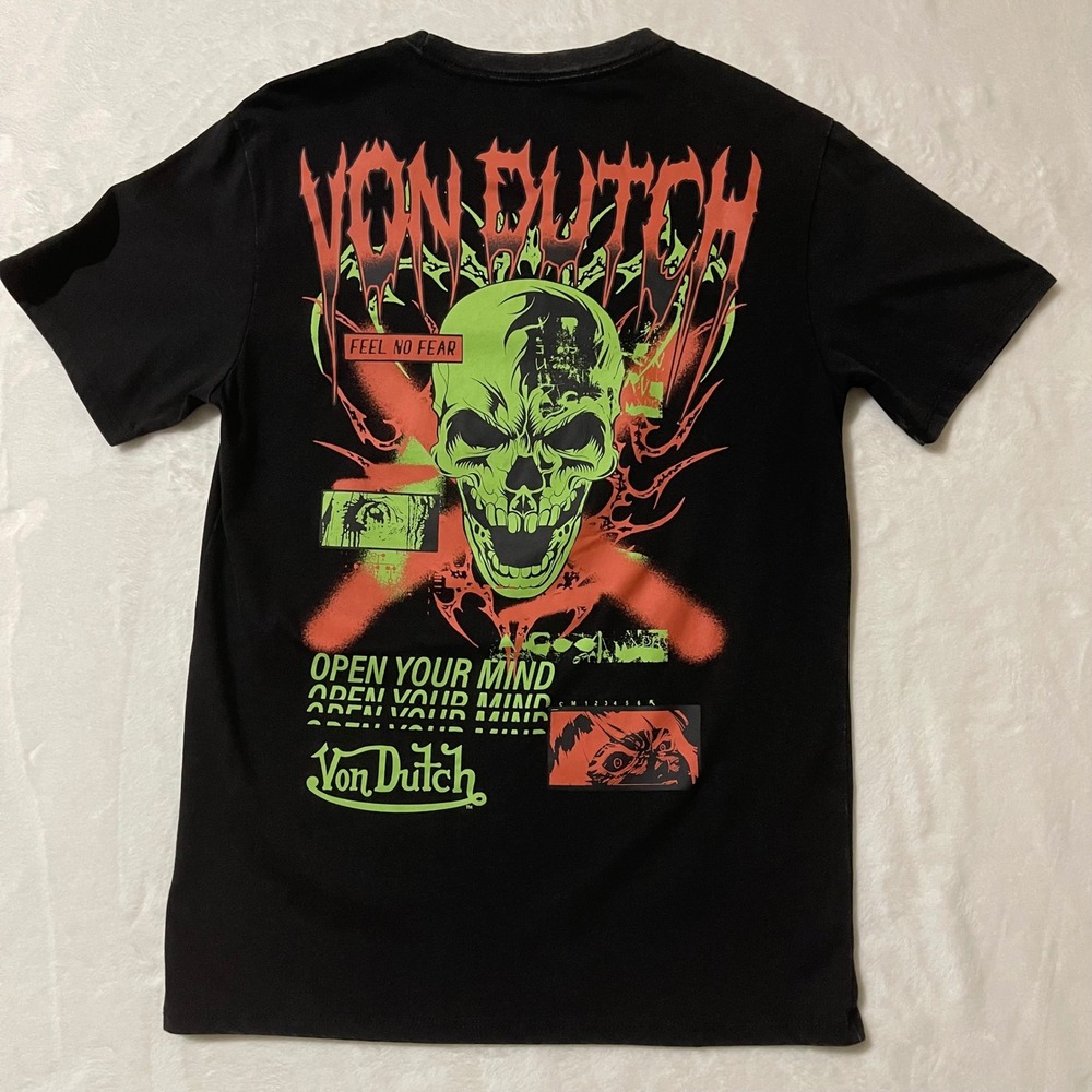 Von Dutch Mens Open Your Mind Feel‎ No Fear Skull Graphic T-Shirt Black New